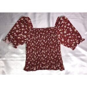 Blouse Floral Cottagecore Cropped Smocked Burgundy Short Ruffle Sleeve Size S